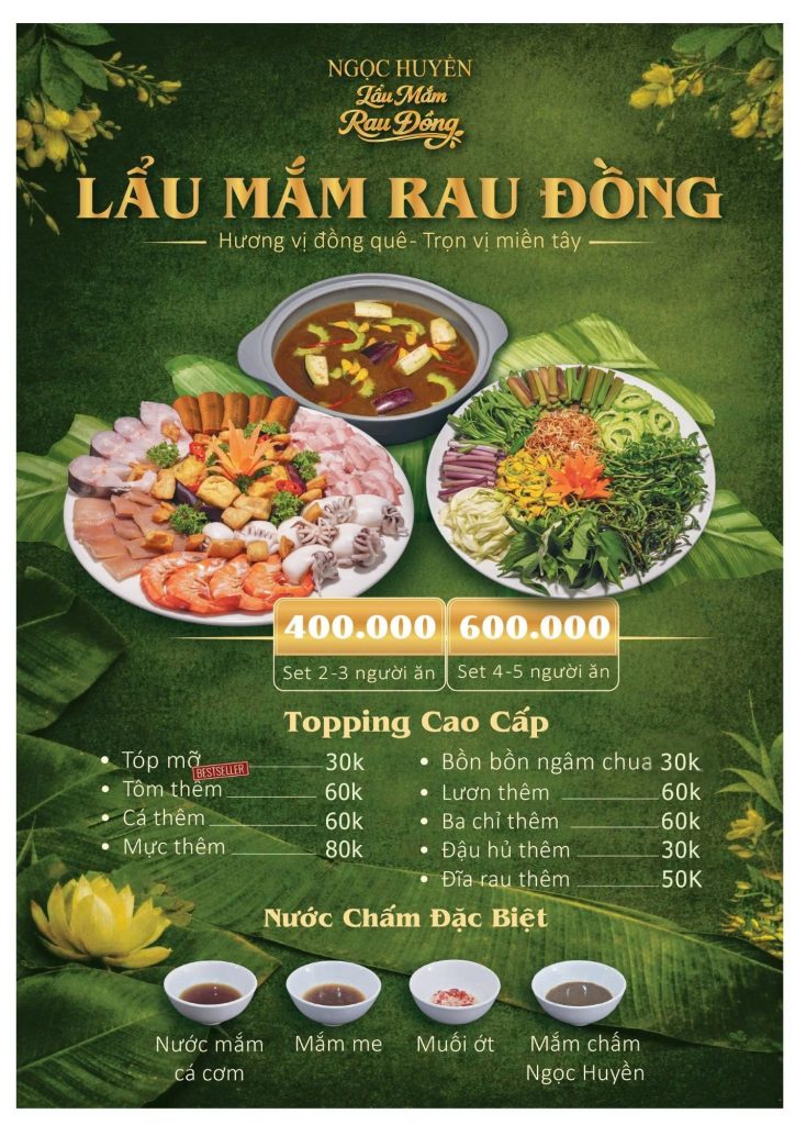 Thiết kế menu lẩu mắm rau đồng Ngọc Huyền Cần Thơ trên nền xanh lá, hiển thị giá hai set lẩu 400.000đ và 600.000đ cùng danh sách các món gọi thêm (topping) và nước chấm đặc biệt.
